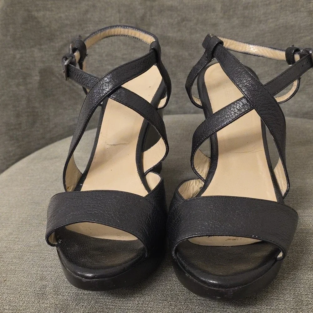 Max Mara Leather‎ Wedge Platform Size 37  US 7 Black  Open Toe